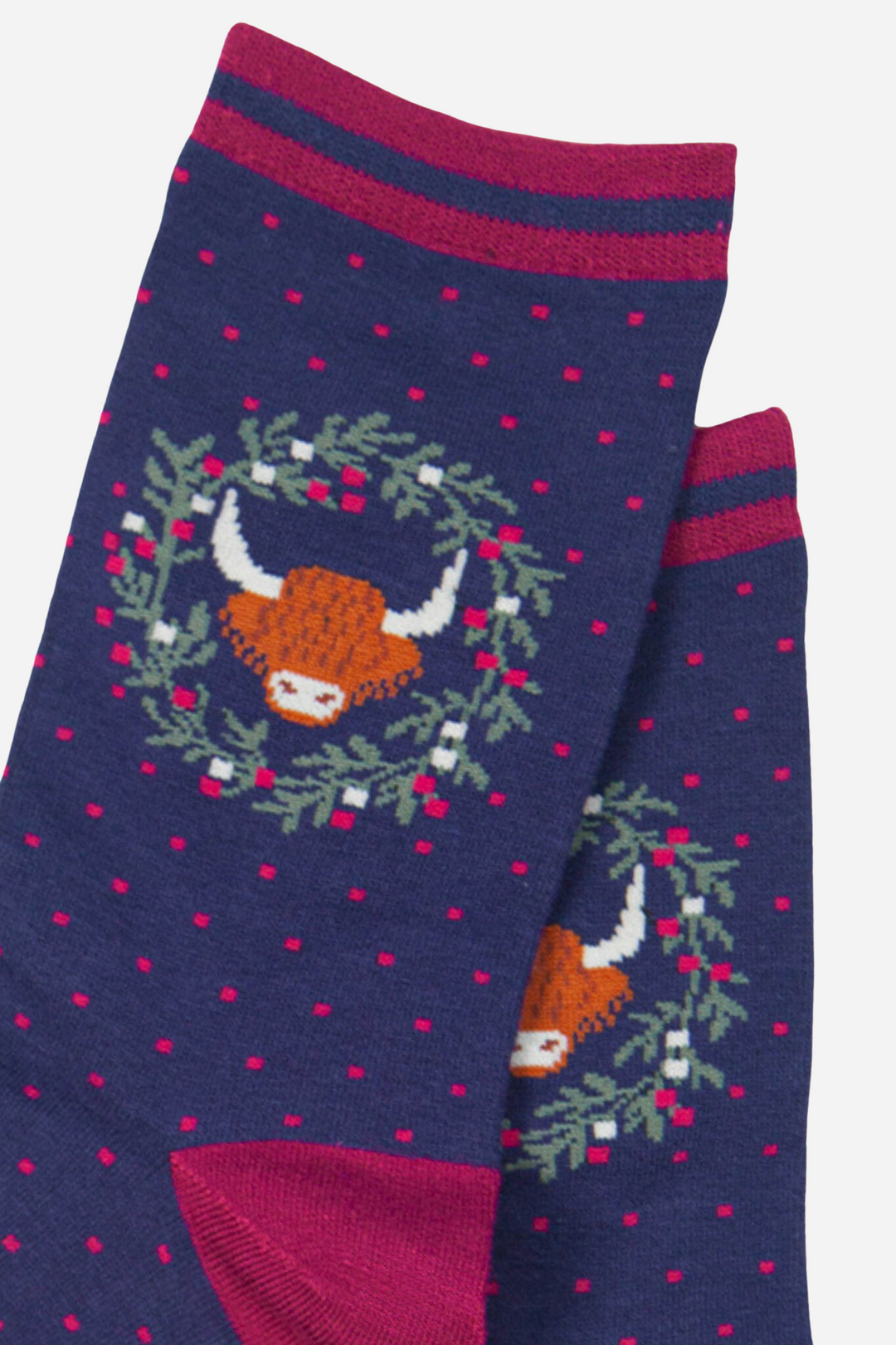 Women's Bamboo Socks Highland Cow Wreath Print Ankle Socks Navy Blue
