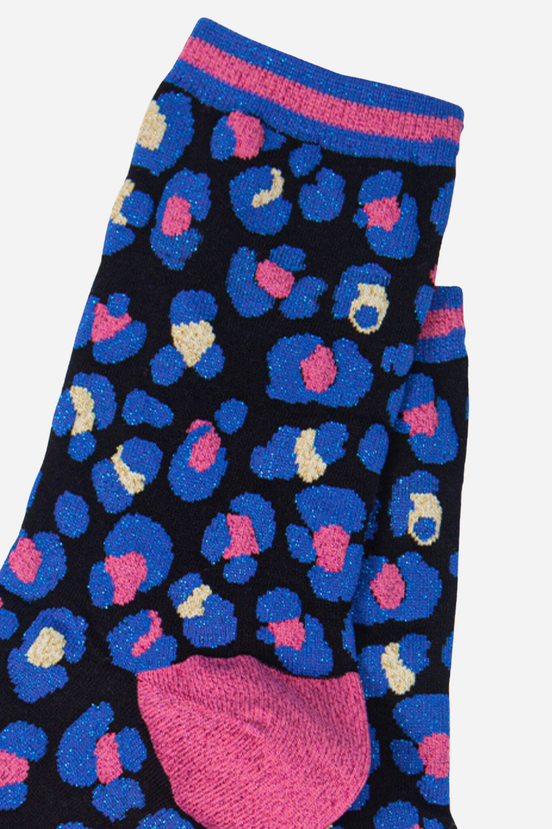 close up of the blue glitter leopard print socks