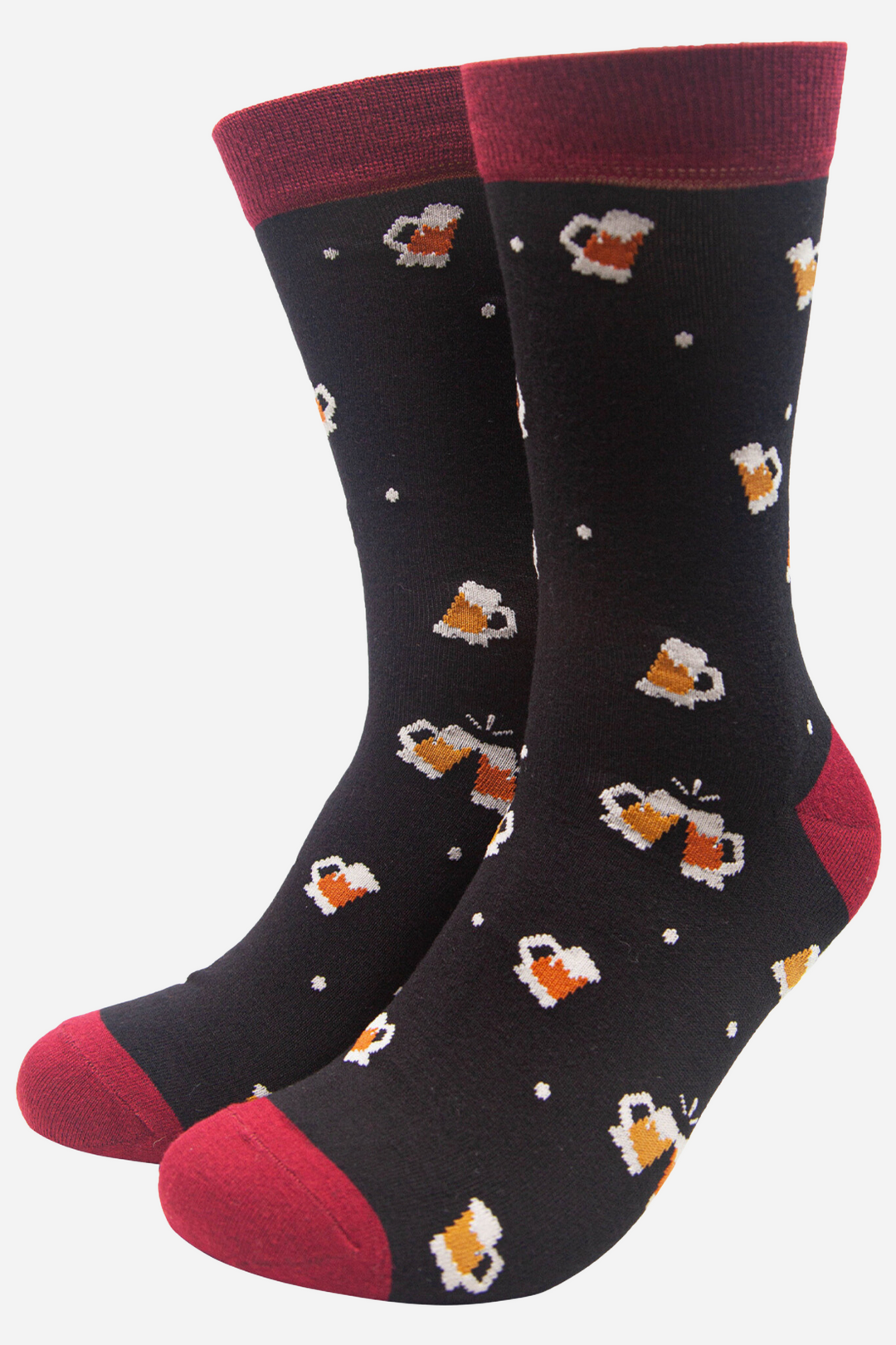 black bamboo socks with red heel, toe and cuff with a pattern of beer mugs all over