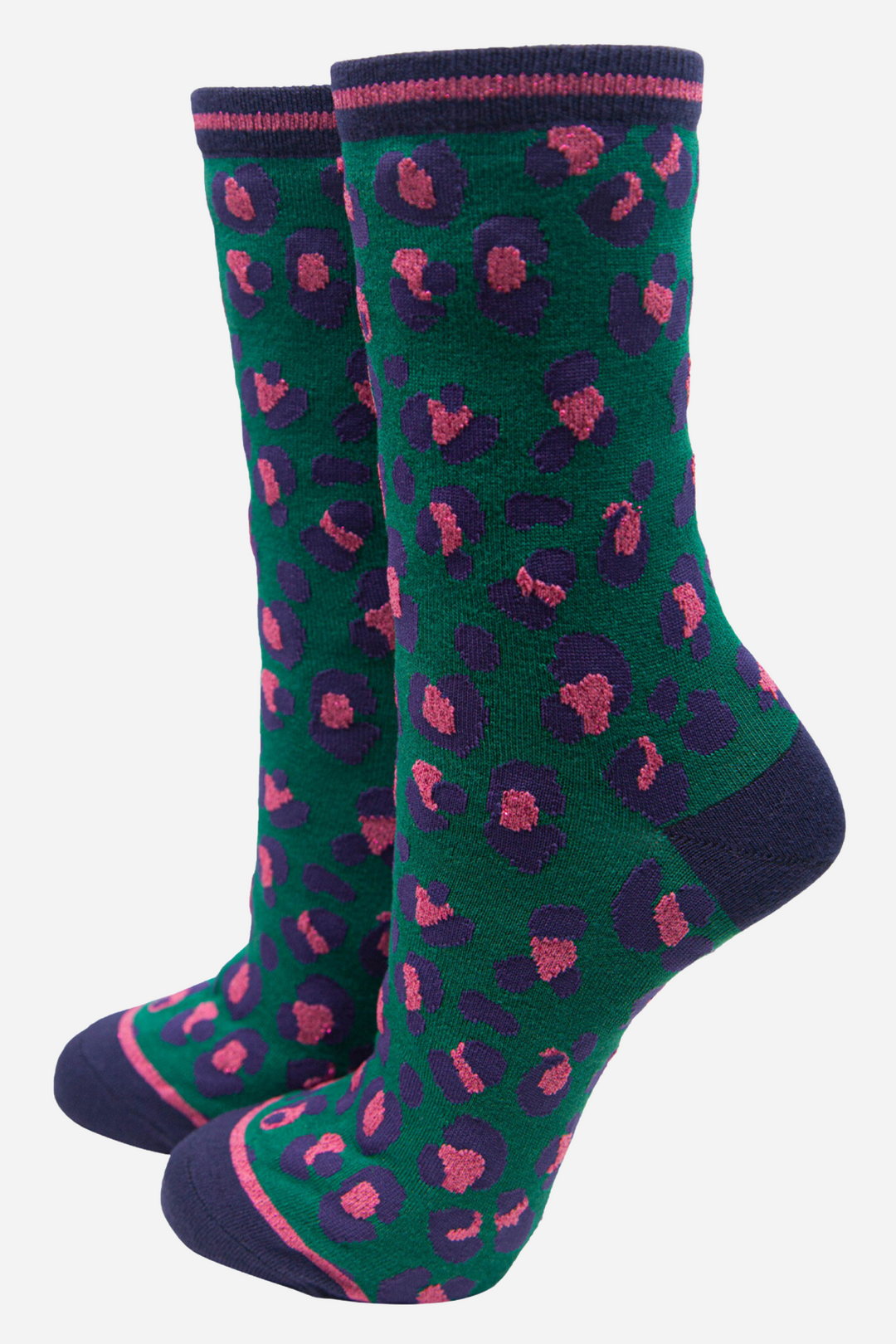 green bamboo socks with a contrasting pink animal print pattern