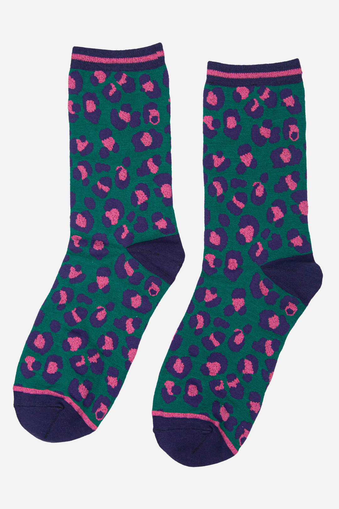 green and pink animal print pattern socks with a pink striped cuff and toe 