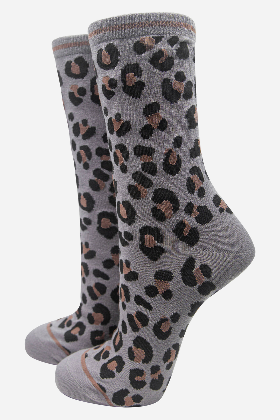 grey bamboo socks with a contrasting beige animal print pattern