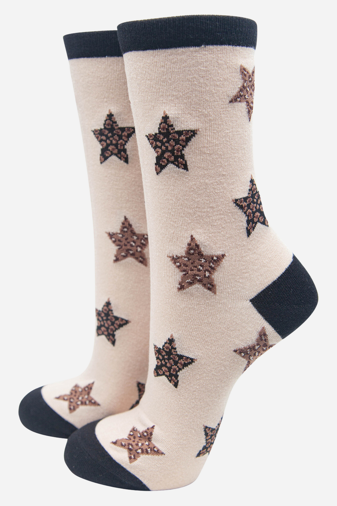 cream beige bamboo socks with black heel, toe and cuff with an all over leopard print star pattern in brown