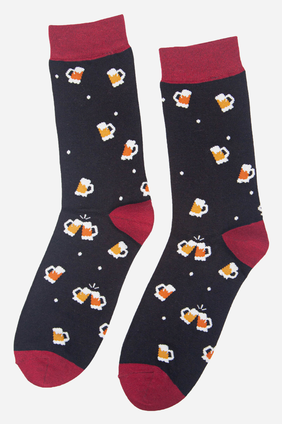 black socks with a pattern of beer mugs all over