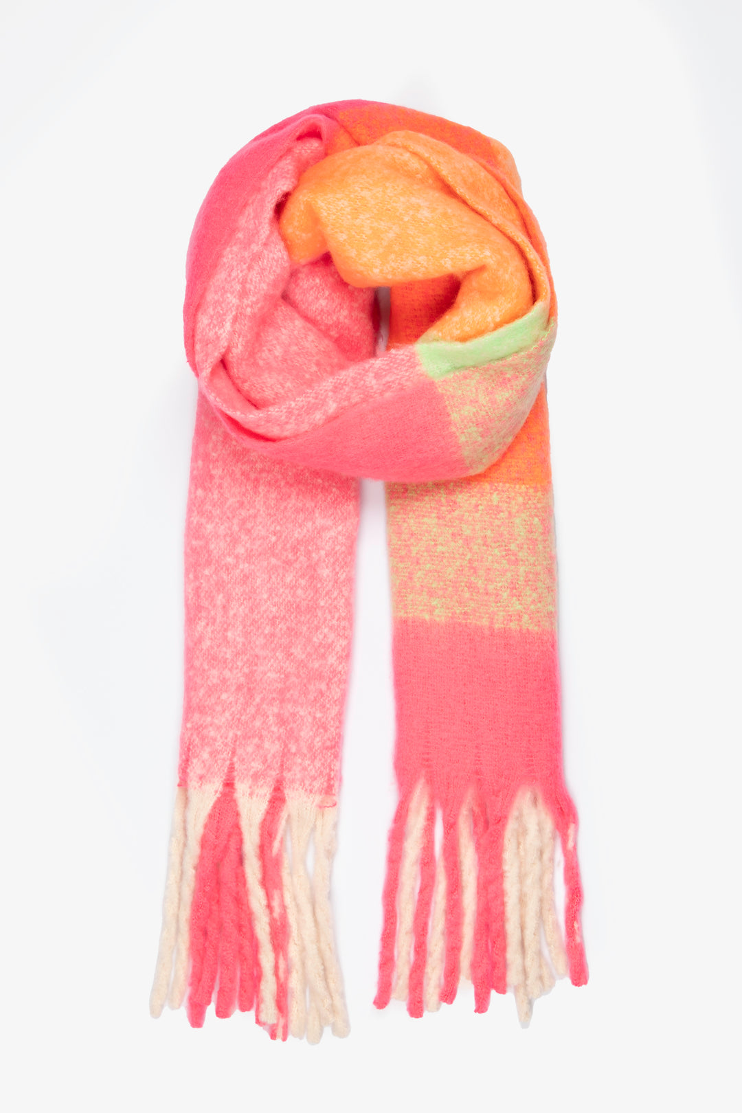 pink and orange square colour block winter scarf with tassel trims