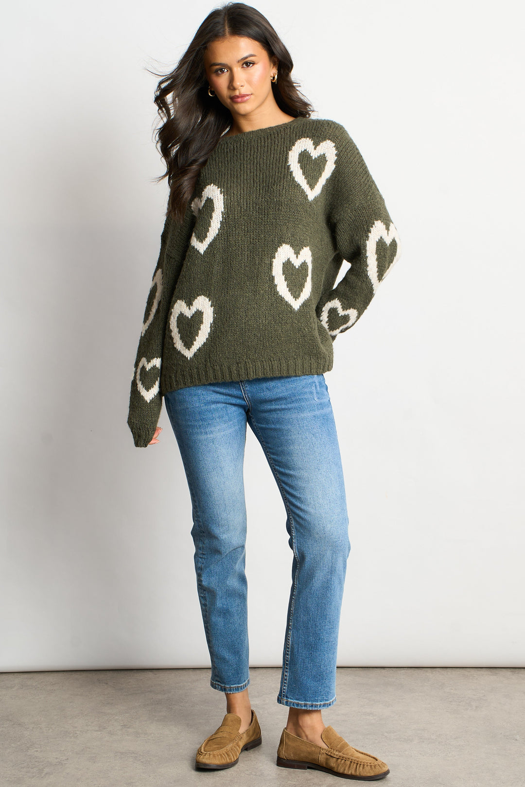 Millie Wool Blend Jumper - Khaki/Cream, Love Hearts