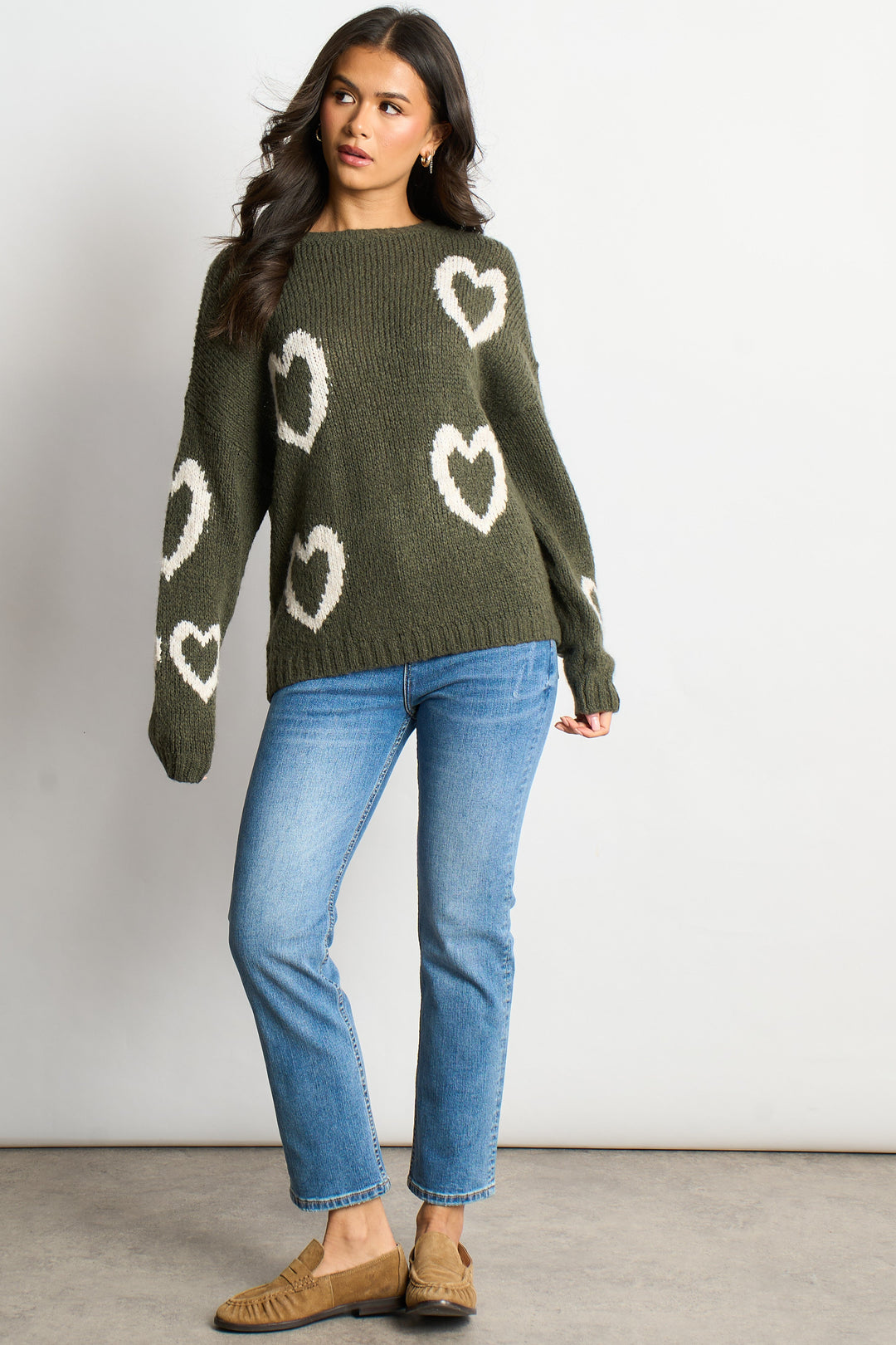 Millie Wool Blend Jumper - Khaki/Cream, Love Hearts