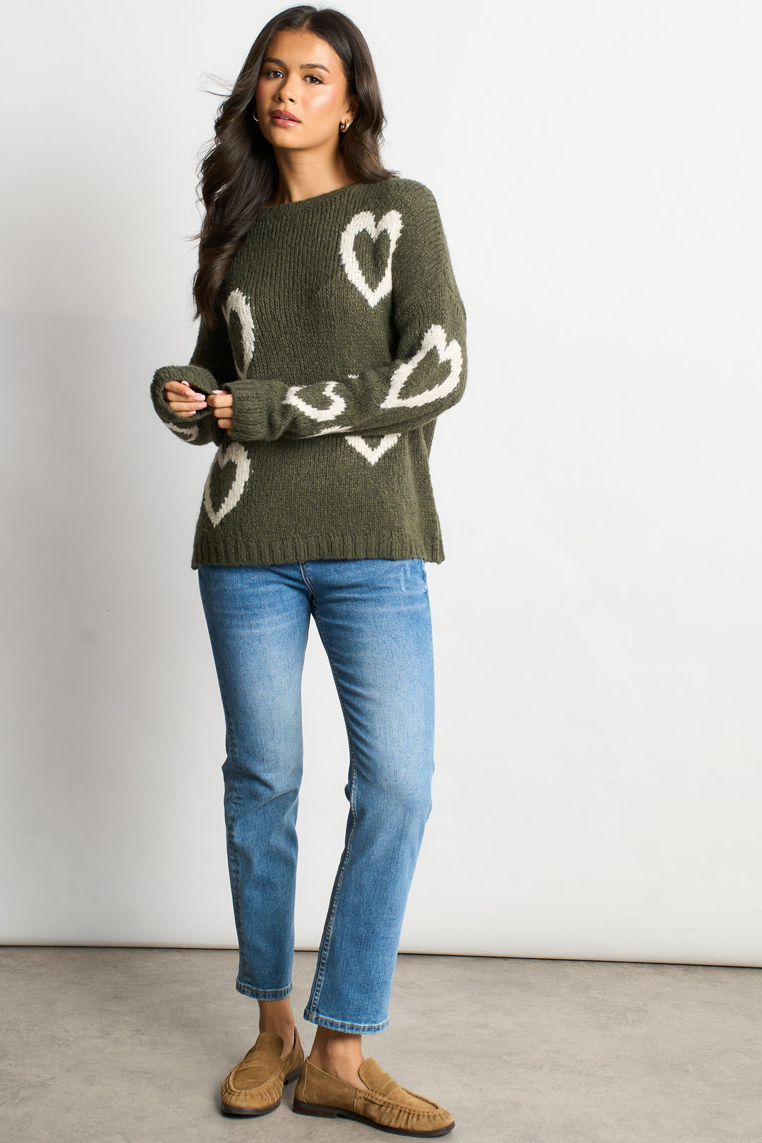 Millie Wool Blend Jumper - Khaki/Cream, Love Hearts