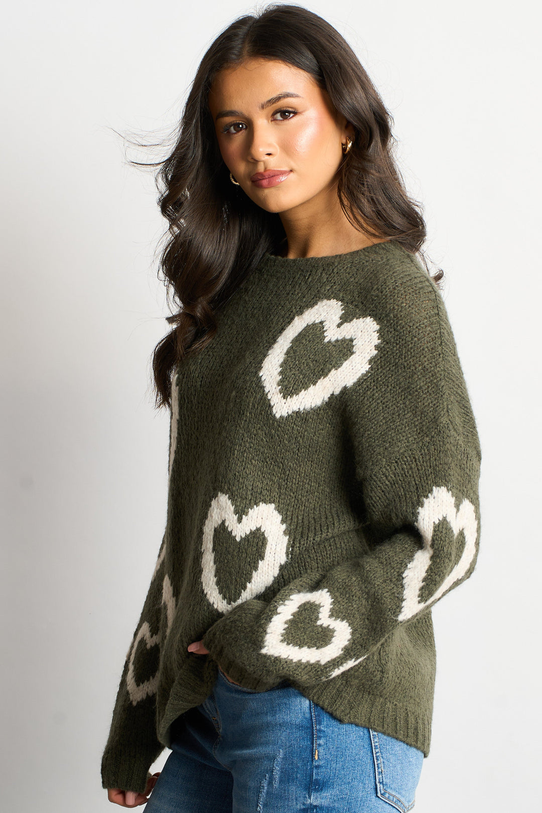 Millie Wool Blend Jumper - Khaki/Cream, Love Hearts