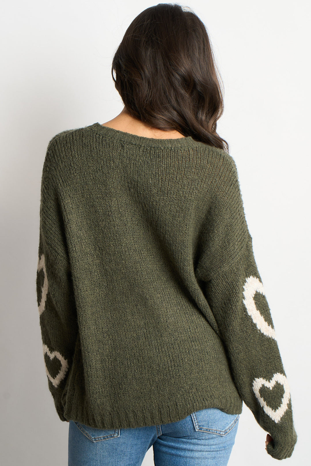 Millie Wool Blend Jumper - Khaki/Cream, Love Hearts