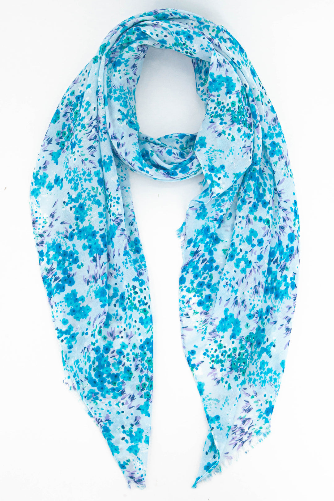 light blue ditsy floral print scarf with lilac floral accents