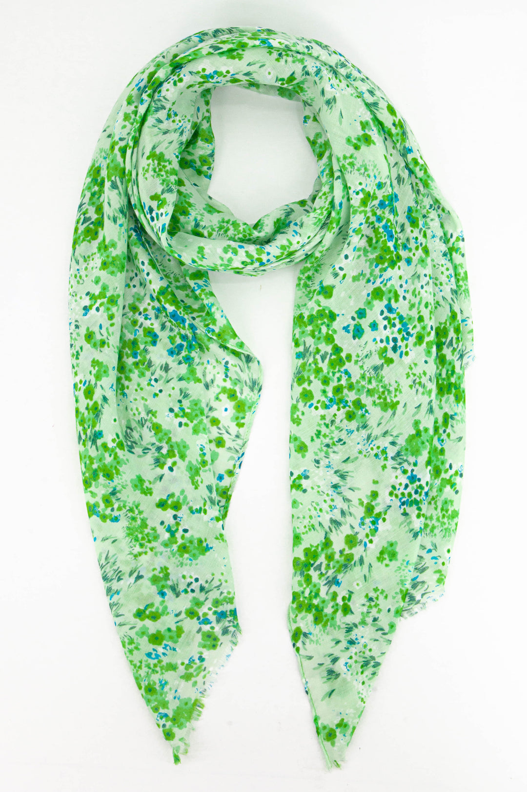 green summer lightweight scarf with an all over cluster ditsy floral print pattern