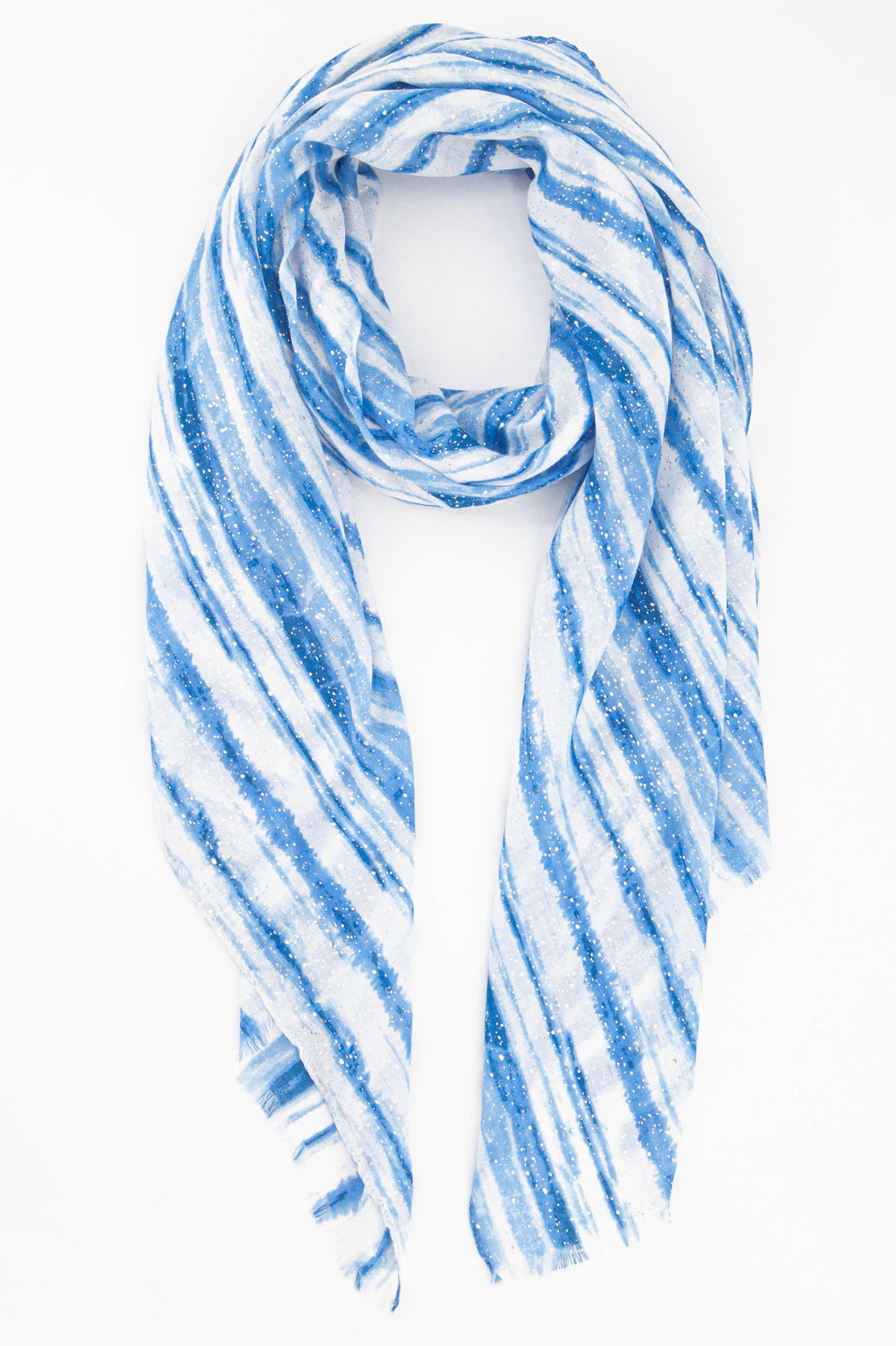 light blue and dark blue stripe lightweight scarf with an all over gold foil speckle