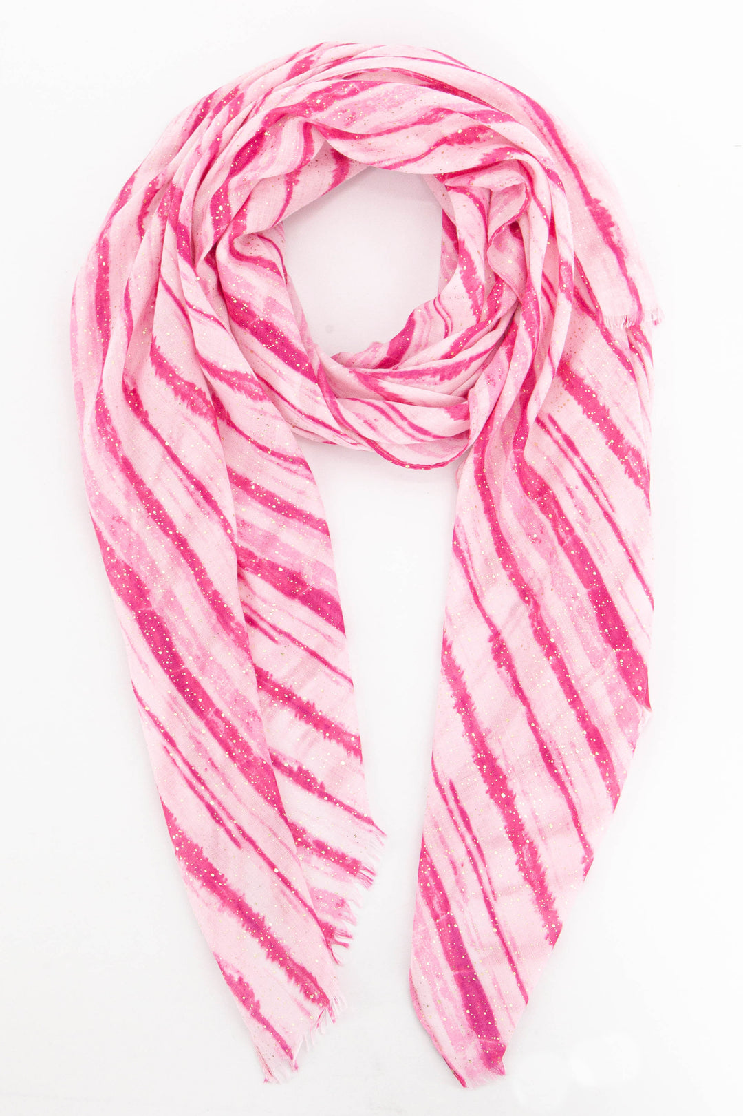 light pink and fuchsia pink stripe lightweight scarf with an all over gold foil speckle