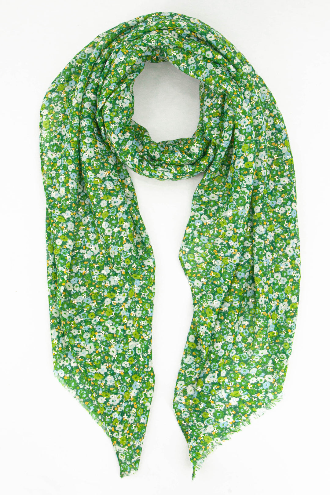 green floral print lightweight scarf with an all over gold foil accent