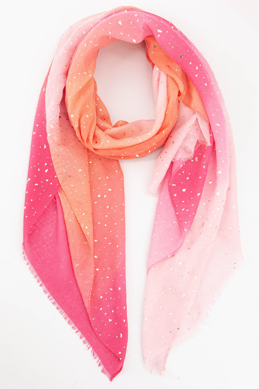 pink, coral and fuchsia ombre striped scarf with an all over gold foil fleck pattern
