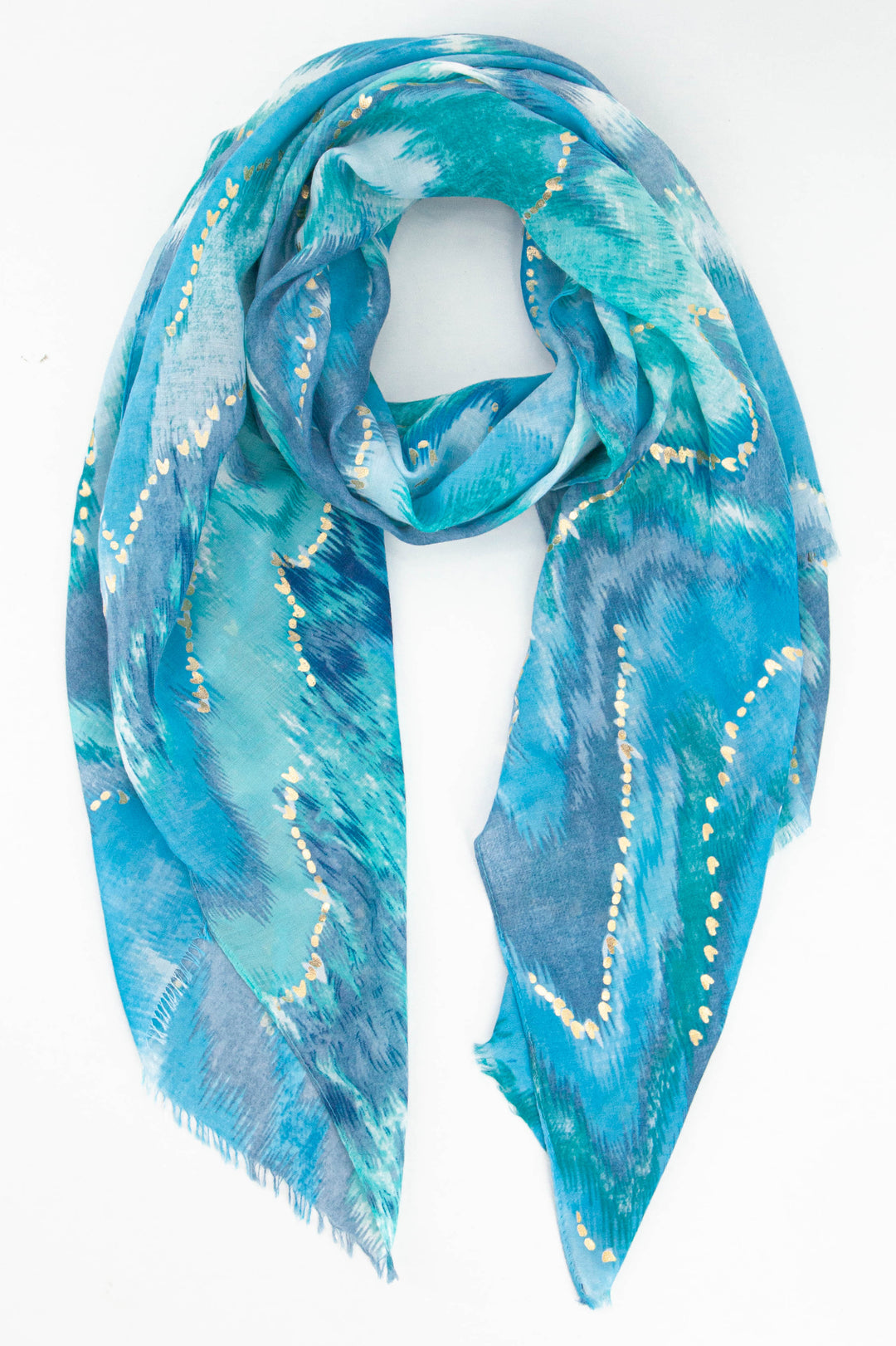 blue watercolour wave print lightweight scarf with gold foil highlights 
