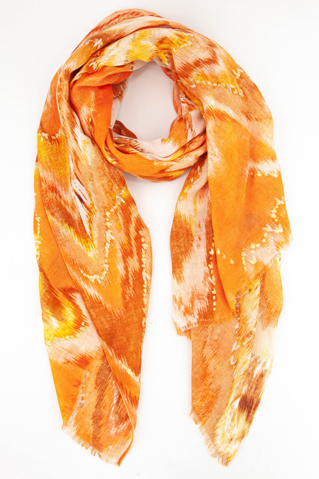 orange watercolour wave print lightweight scarf with gold foil highlights 