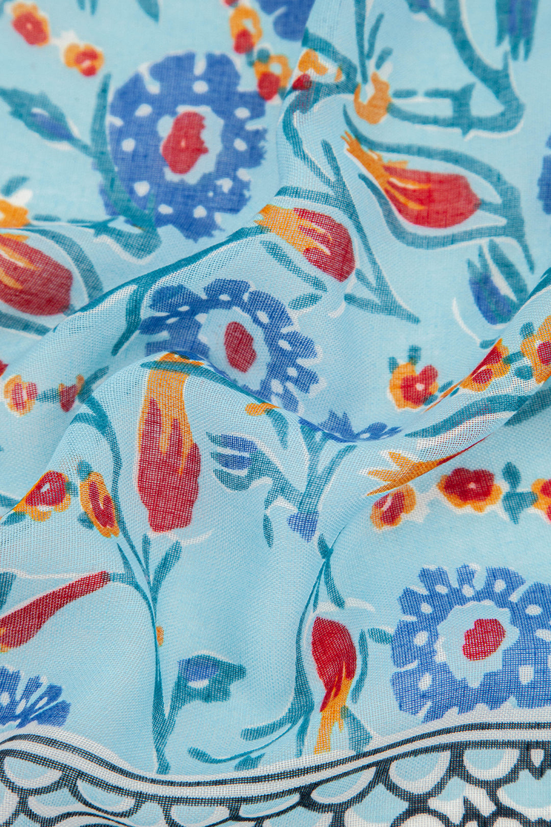 close up of the blue and red floral print pattern 