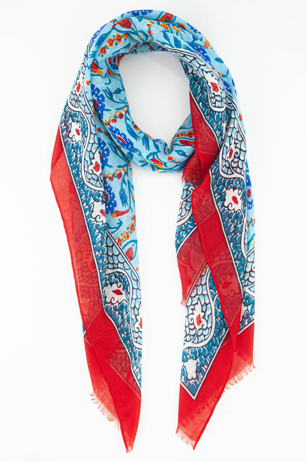 blue paisley print vintage floral scarf with a contrasting red colour block border