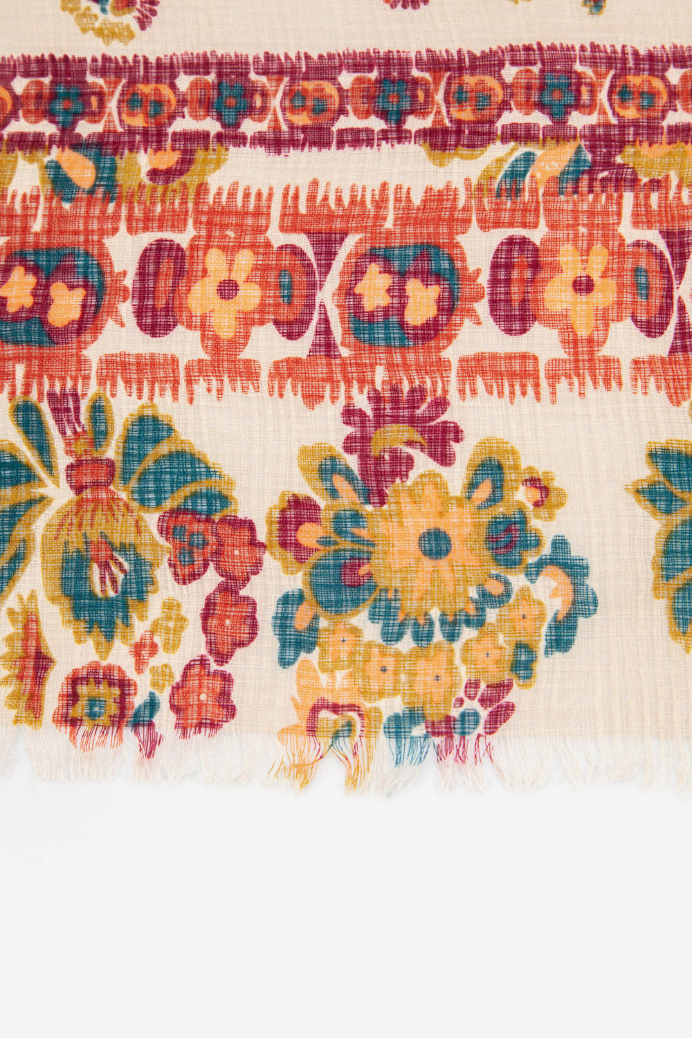 close up of the floral print border on this lightweight paisley pattern scarf