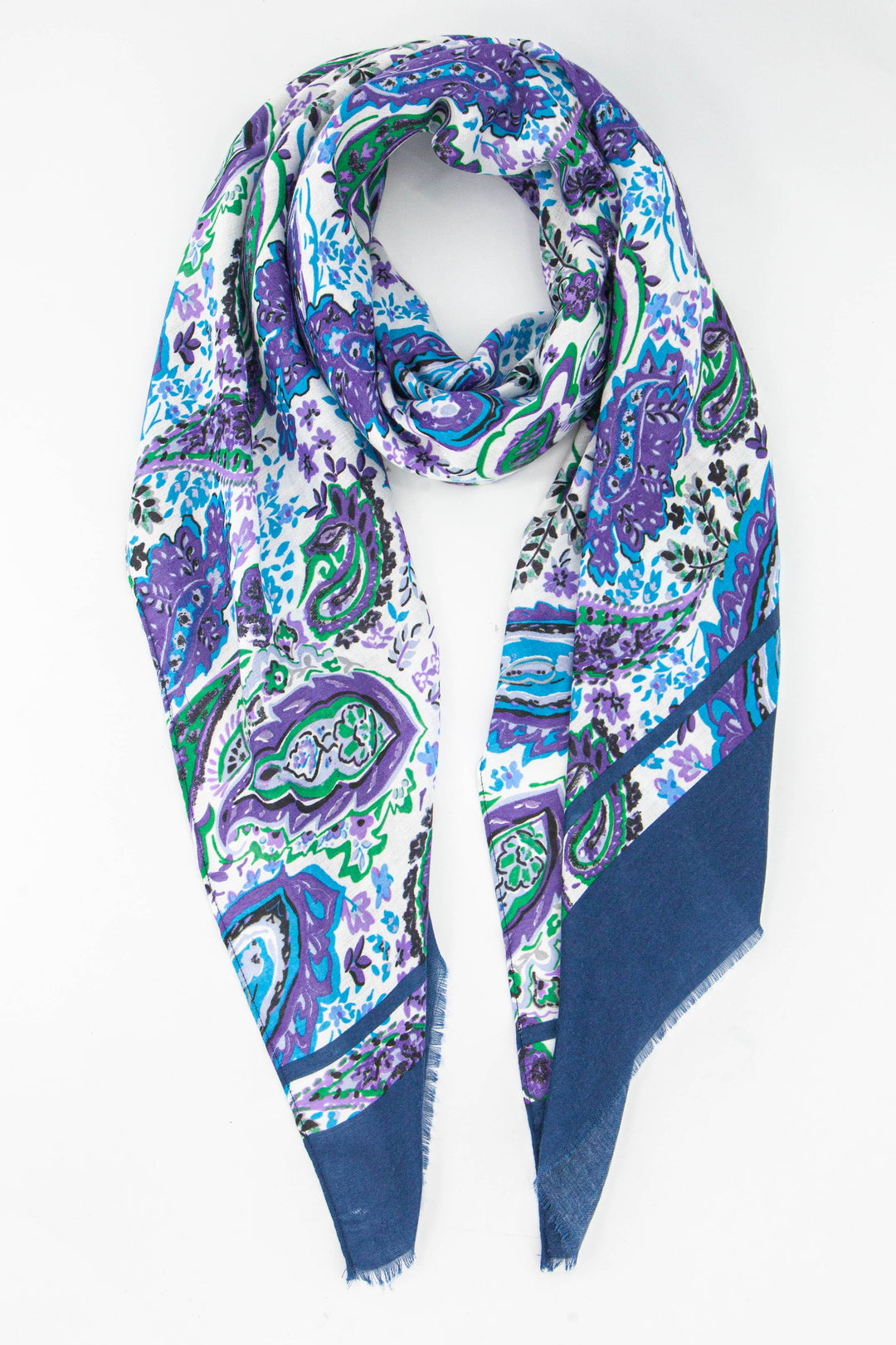 vintage style paisley print lightweight scarf with a blue colour block border, the paisley pattern is blue, purple and green