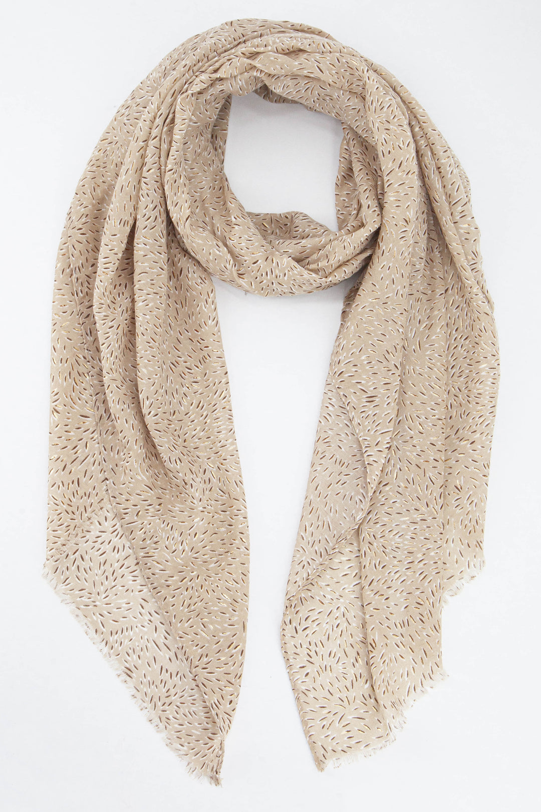 neutral beige lightweight scarf with an all over dandelion petal pattern