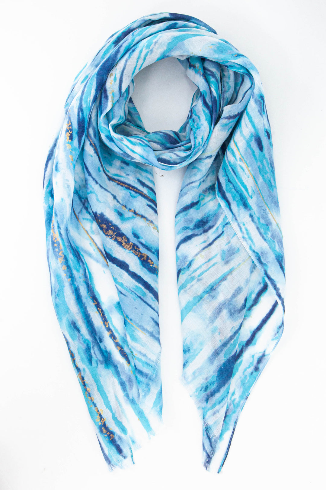  blue abstract stripe pattern scarf with gold foil stripe accents throughout