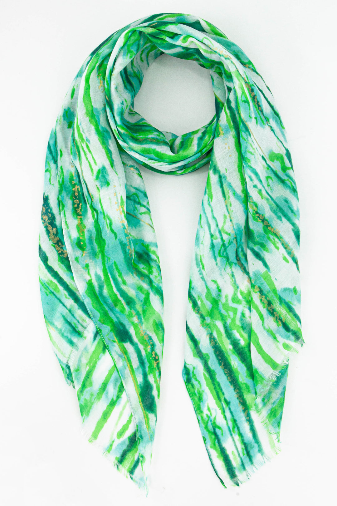 green abstract stripe pattern lightweight scarf with gold foil stripe accents 