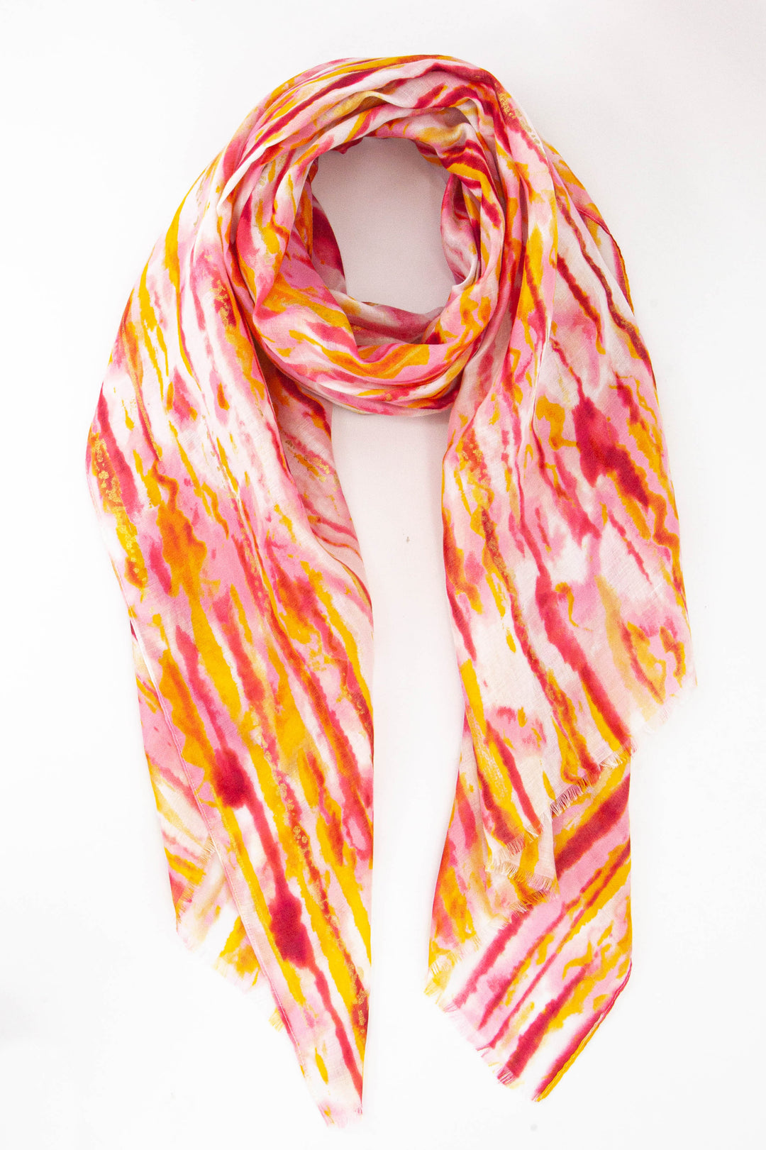 orange and pink abstract stripe pattern scarf with gold foil stripe accents throughout