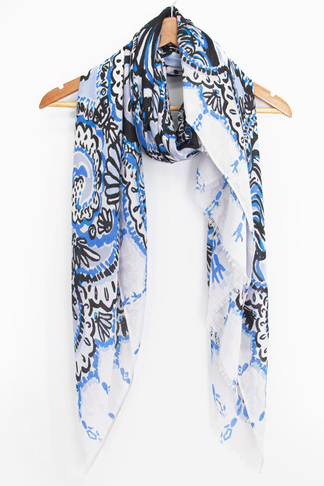 black and blue lightweight summer scarf featuring an ornate pattern of seashells and fish