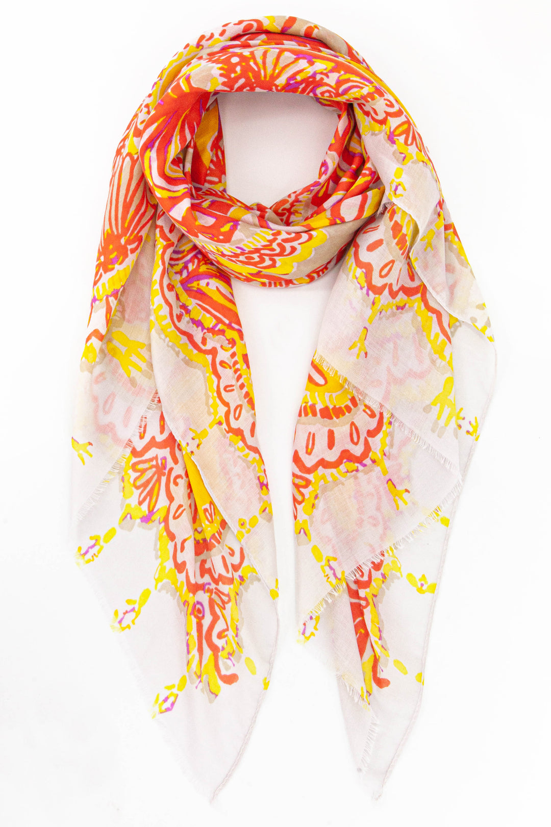 orange and yellow ornate pattern lightweight scarf featuring seashells and fish