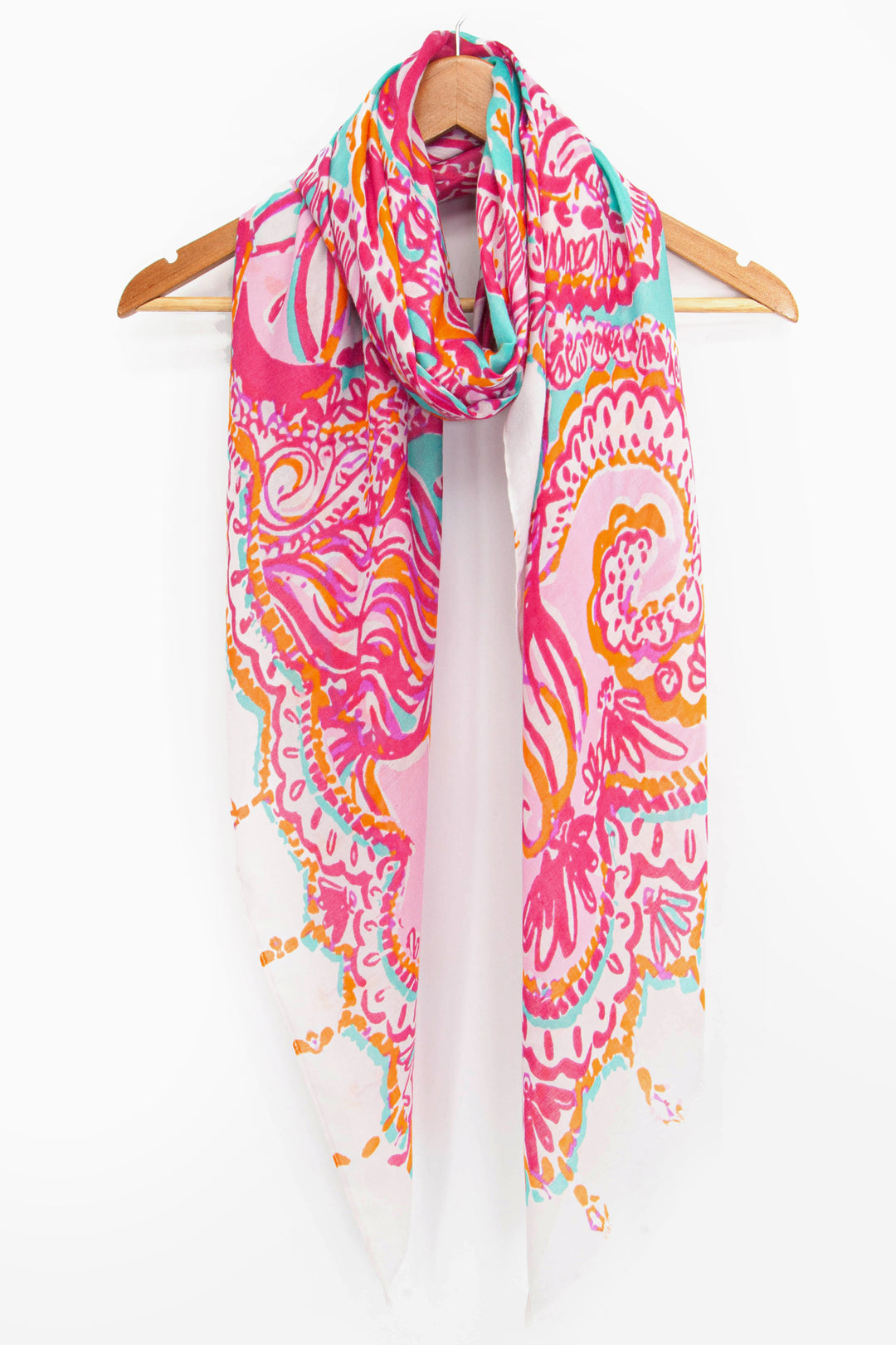 pink seashell and fish print scarf draper around a coat hanger