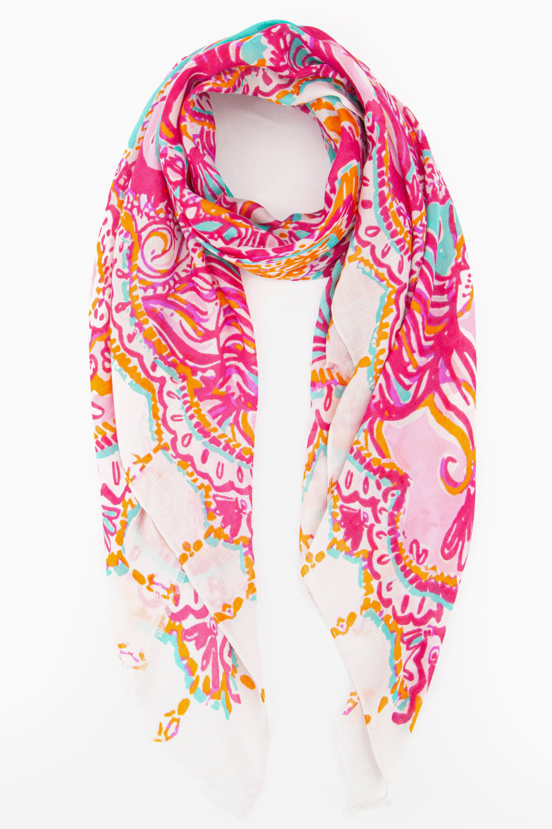 pink and orange ornate nautical themed scarf featuring seashells and fish