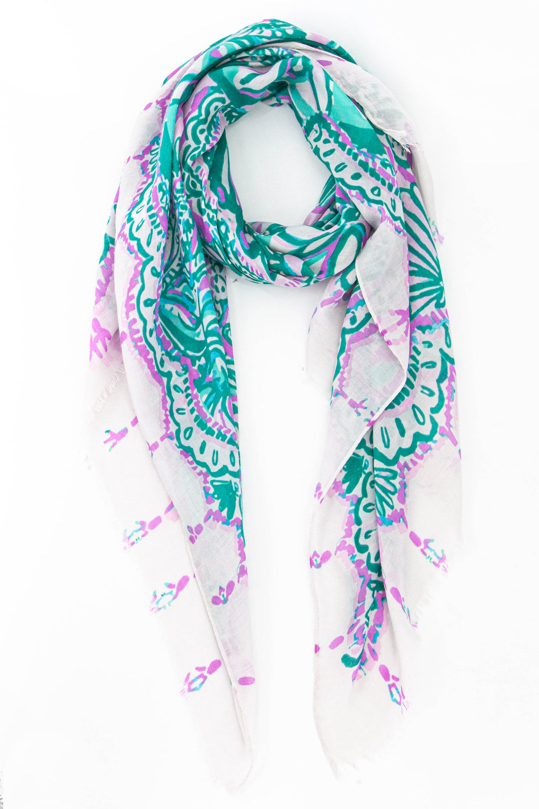 lilac and green ornate pattern scarf featuring sea shells and fish