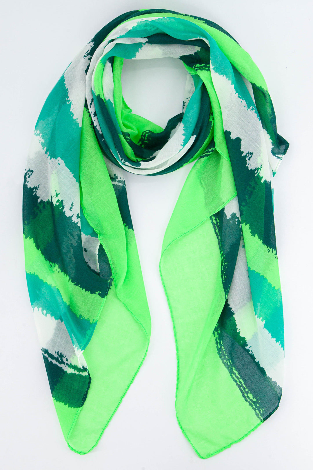 green lightweight scarf with a pattern of brushstroke stripes in an variety of green tones