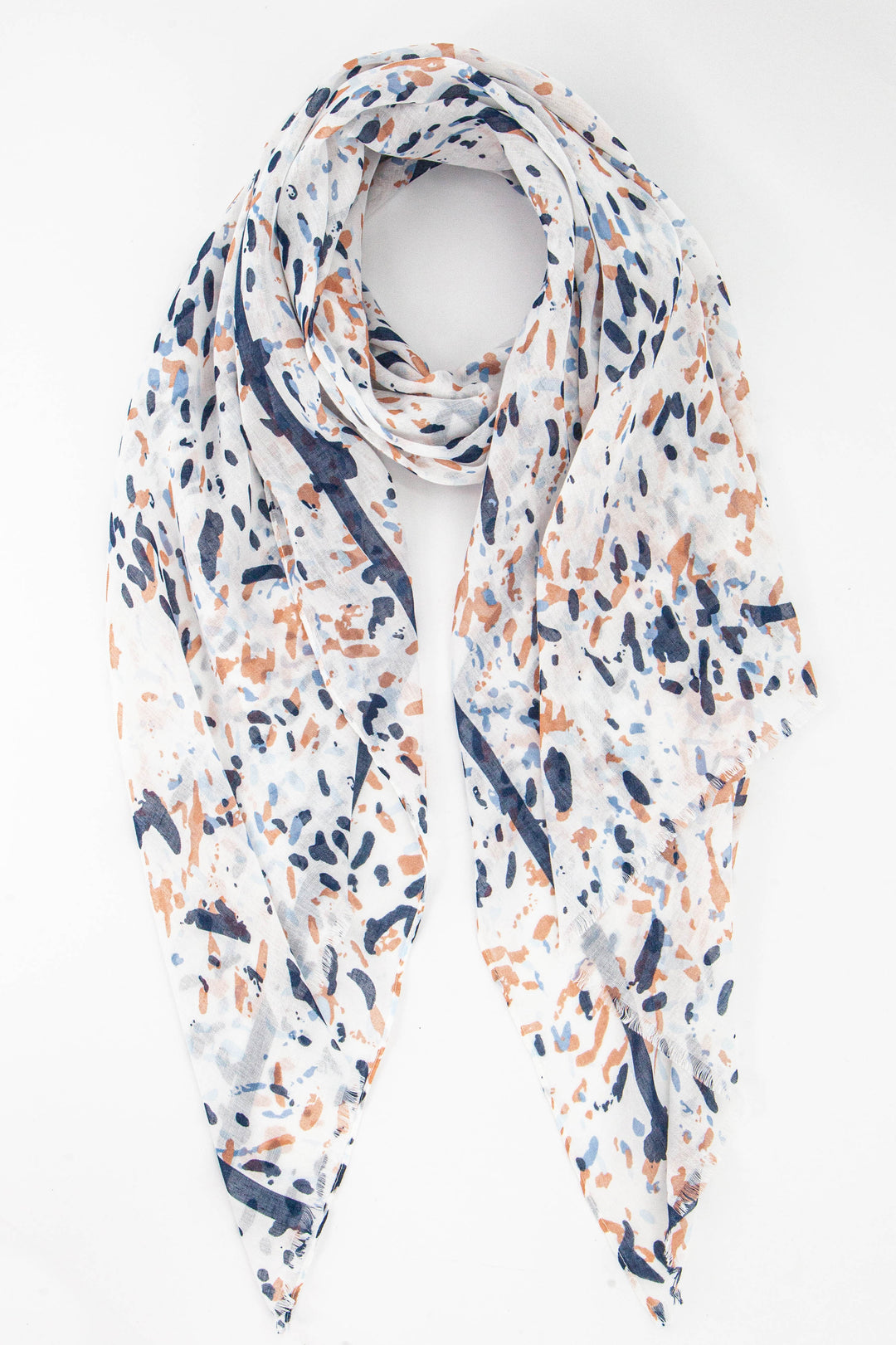abstract animal spot print scarf in cream and navy blue with an all over pattern and a thin navy blue lined border