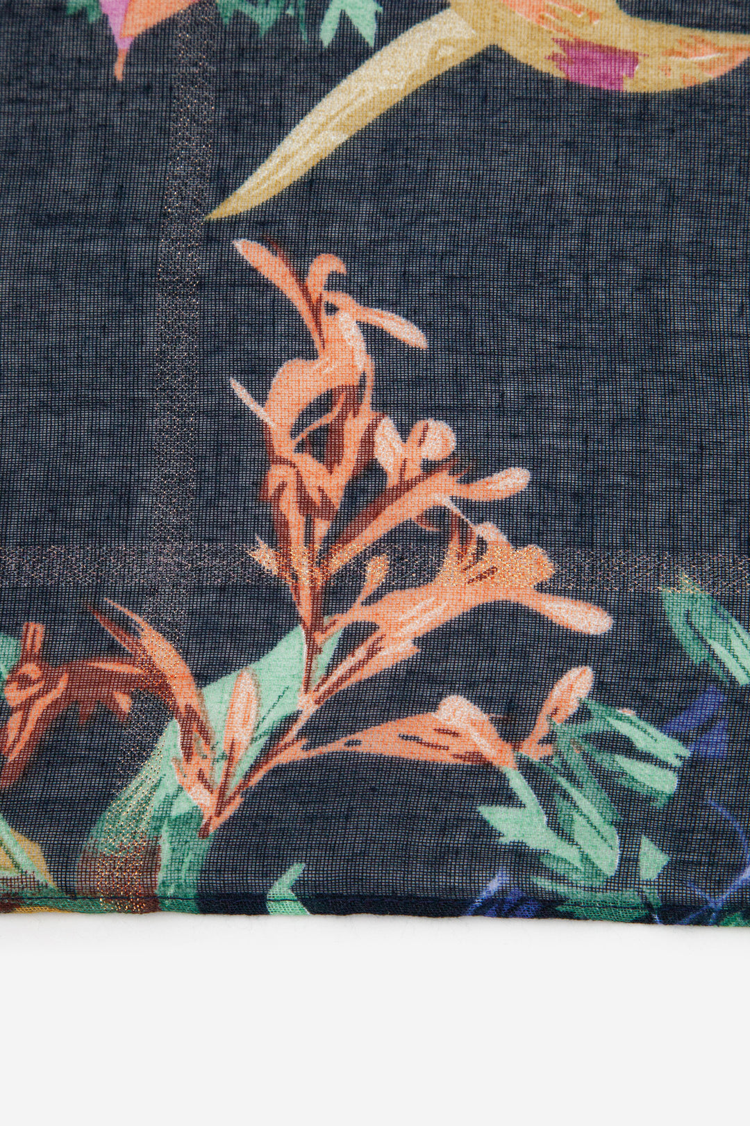 swatch image showing the navy blue scarf, floral pattern with subtle gold stripe