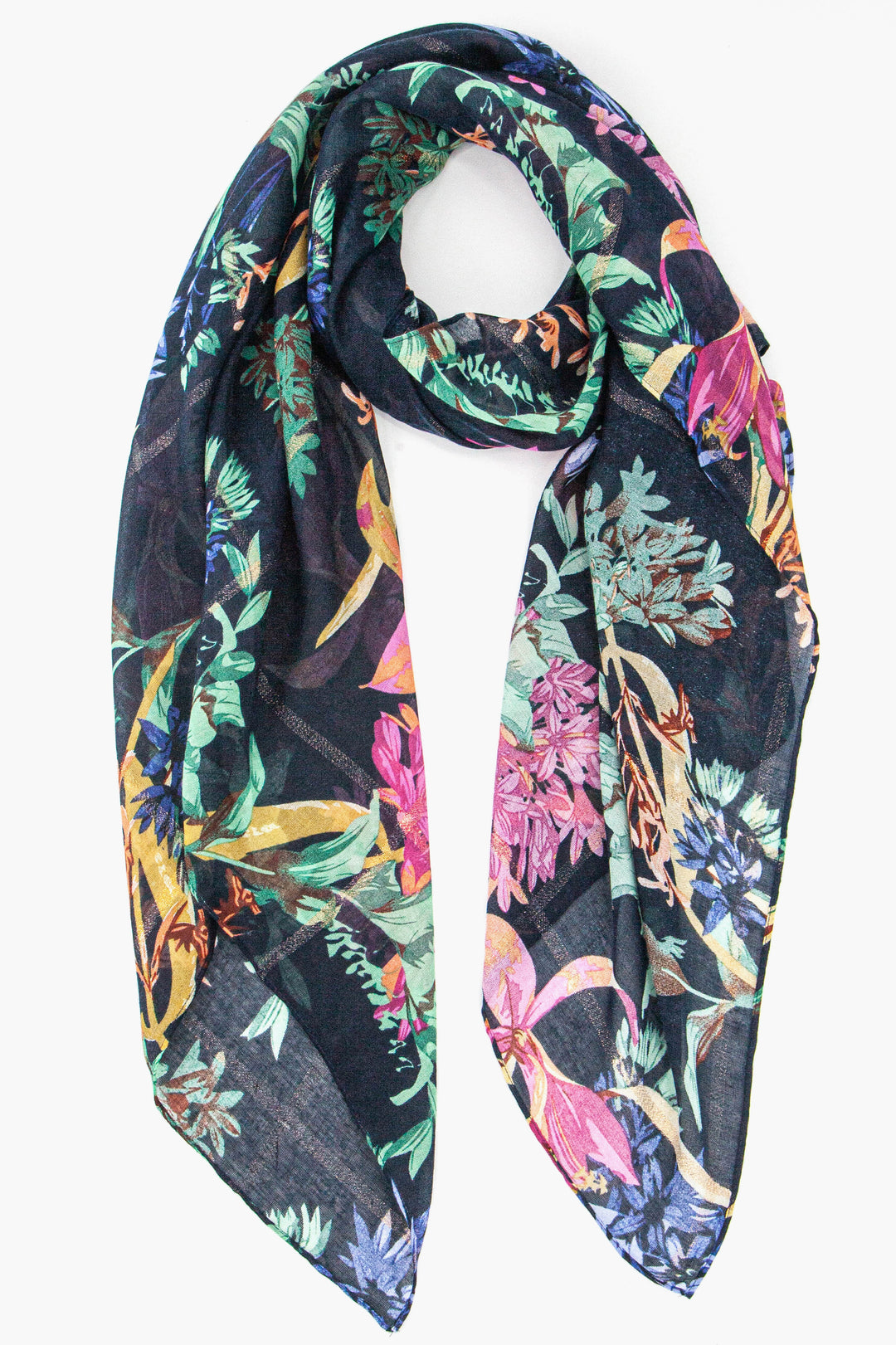 Bold Floral Print Scarf Gold Glitter Stripe in Navy Blue