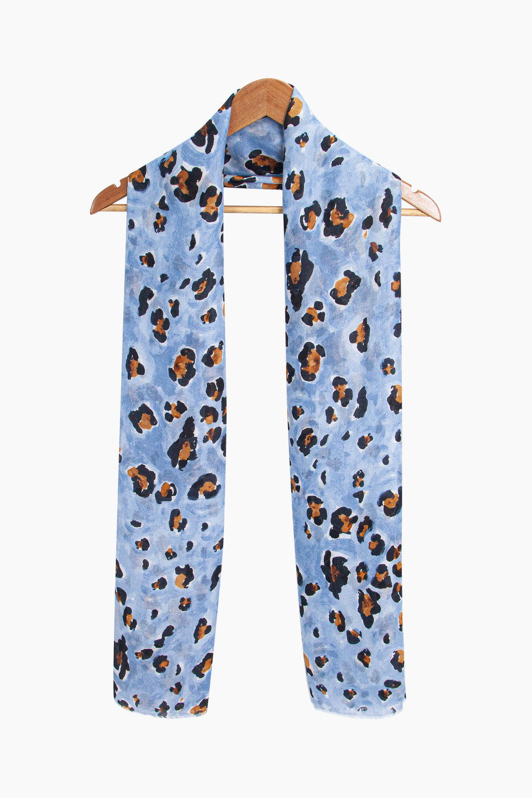 raya-lightweight-scarf-blue-leopard-print-draped-around-coat-hanger