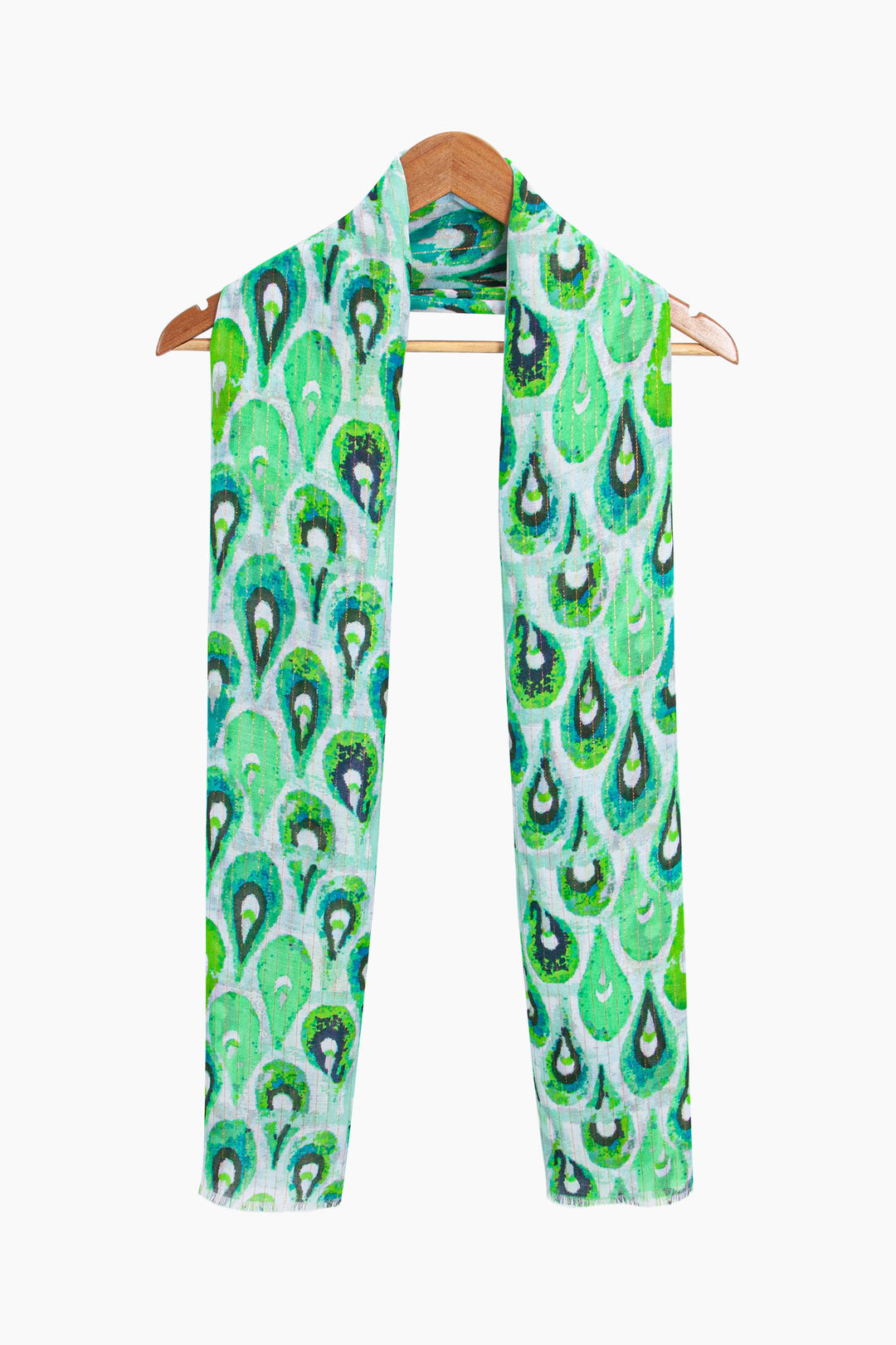 adler-lightweight-scarf-green-gold-teardrop-draped-around-coat-hanger