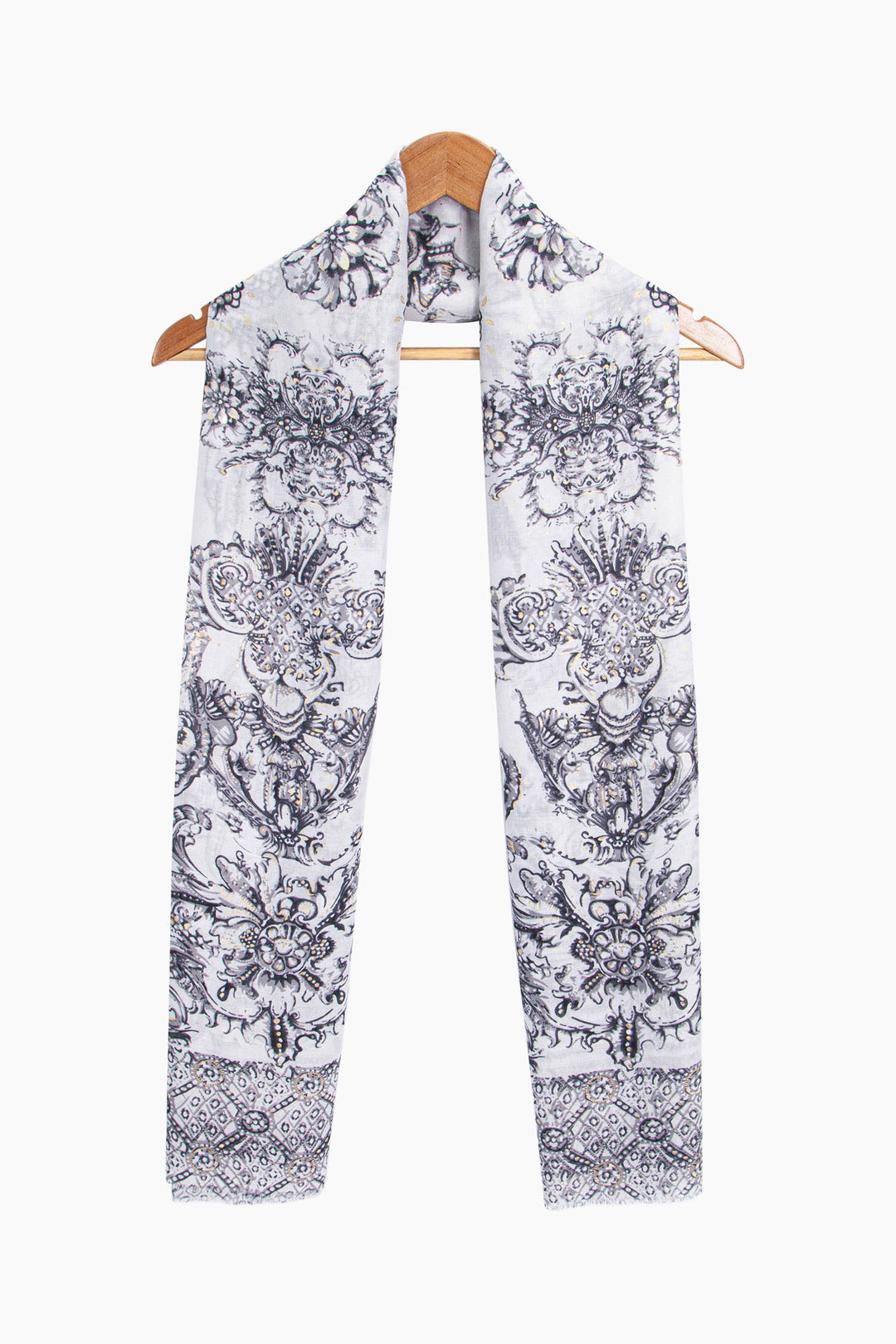 violet-lightweight-scarf-black-vintage-floral-print-draped-on-coat-hanger