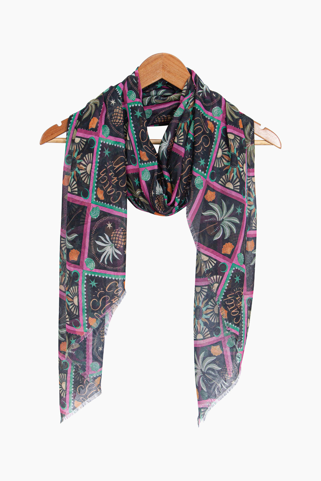 Tropical-Pineapple-Lightweight-Scarf-in-Black-On-Hanger