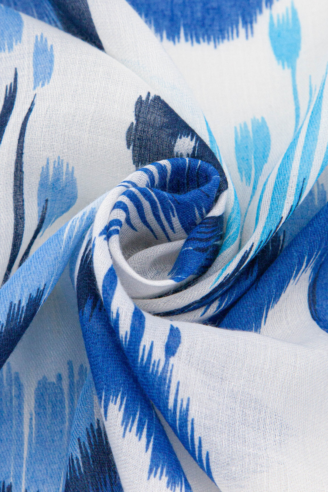 Ikat-Print-Lightweight-Scarf-in-Blue-Closeup