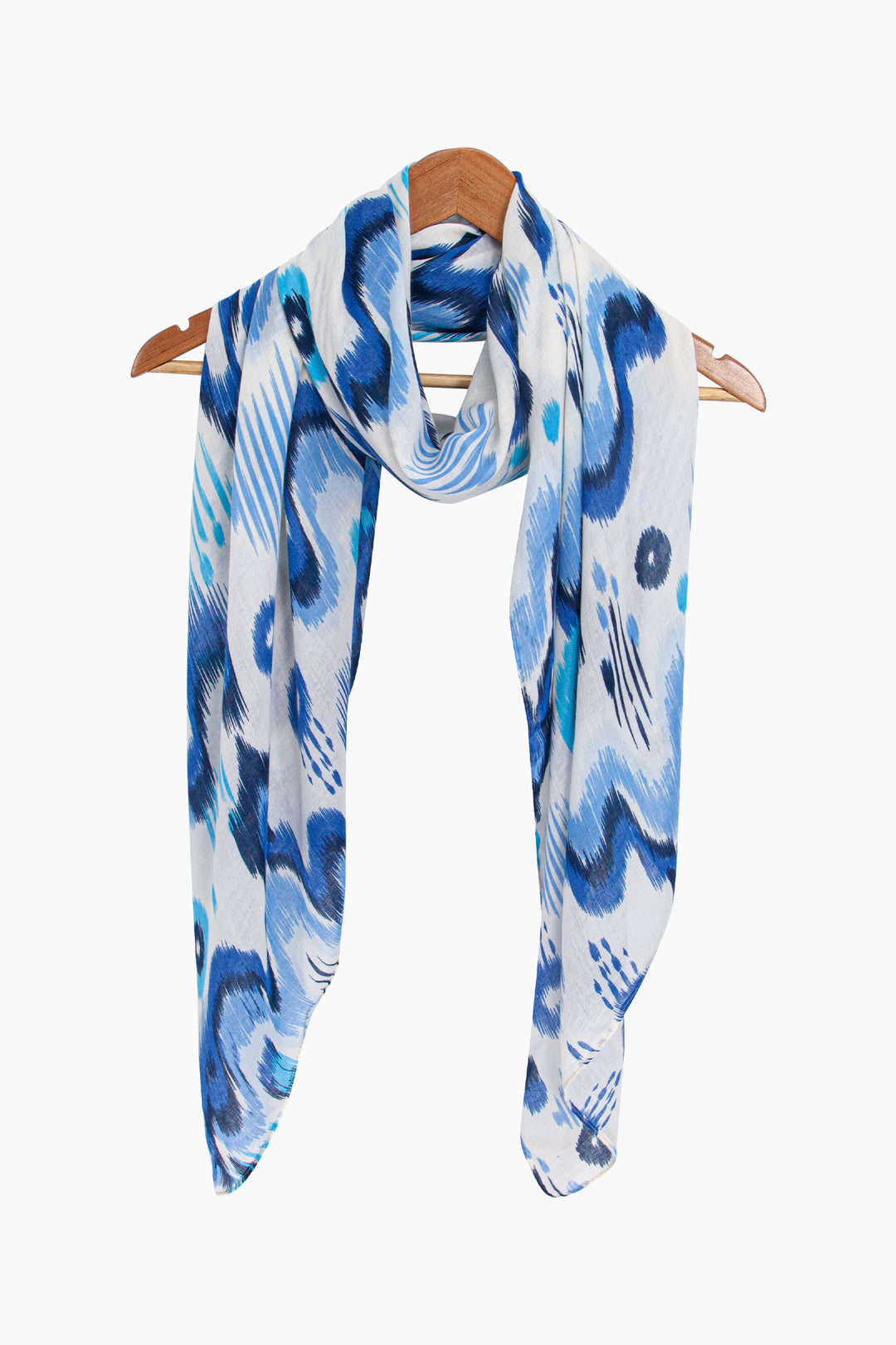 Ikat-Print-Lightweight-Scarf-in-Blue-Draped