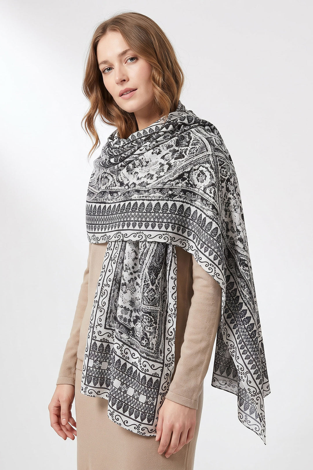 Mediterranean-Tile-Print-Lightweight-Scarf-in-Black