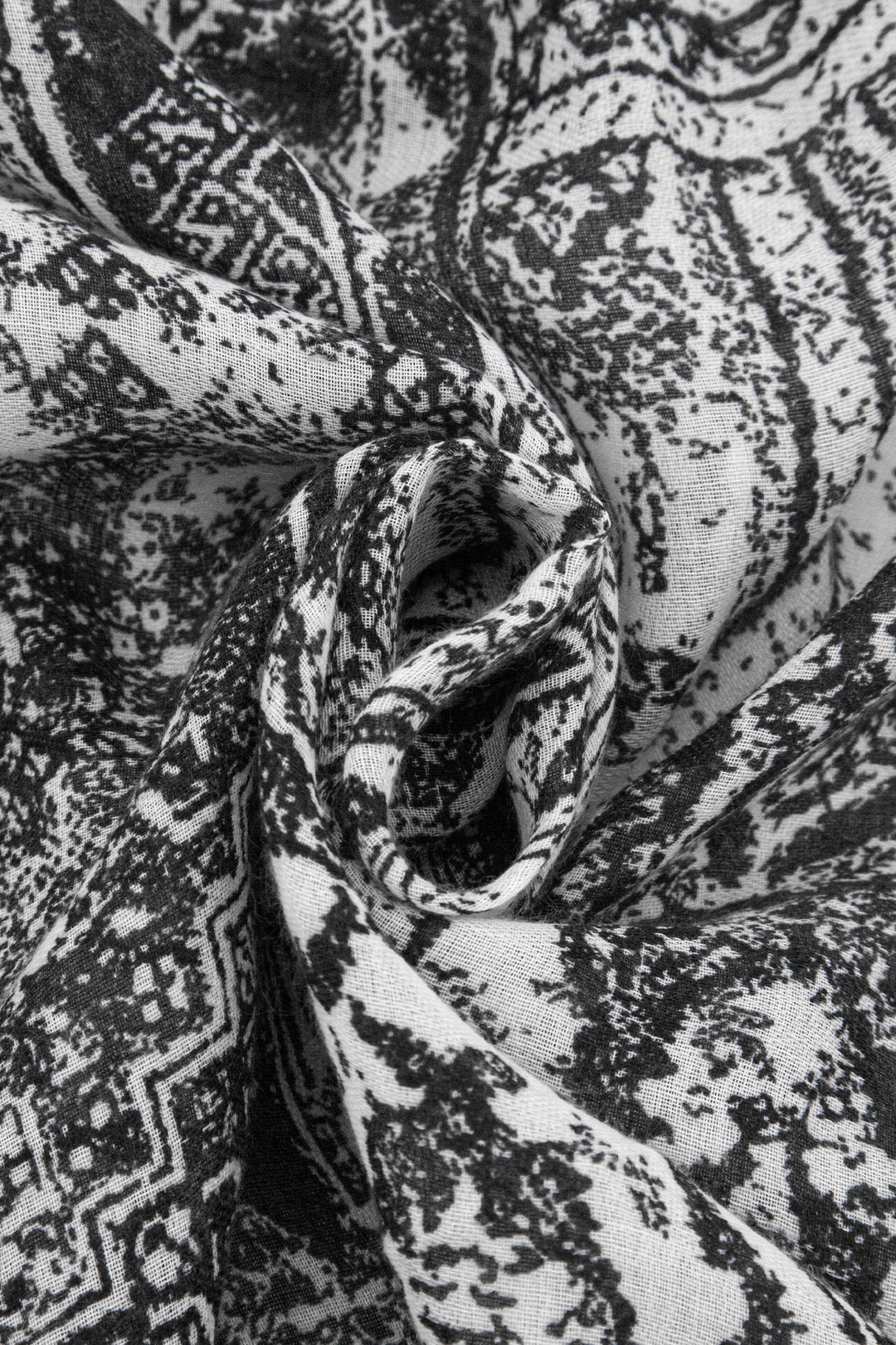 Mediterranean-Tile-Print-Lightweight-Scarf-in-Black-Folded-Closeup