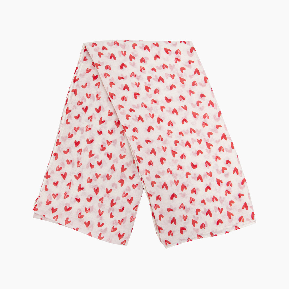 Heart-Print-Lightweight-Scarf-in-White/Red-Folded