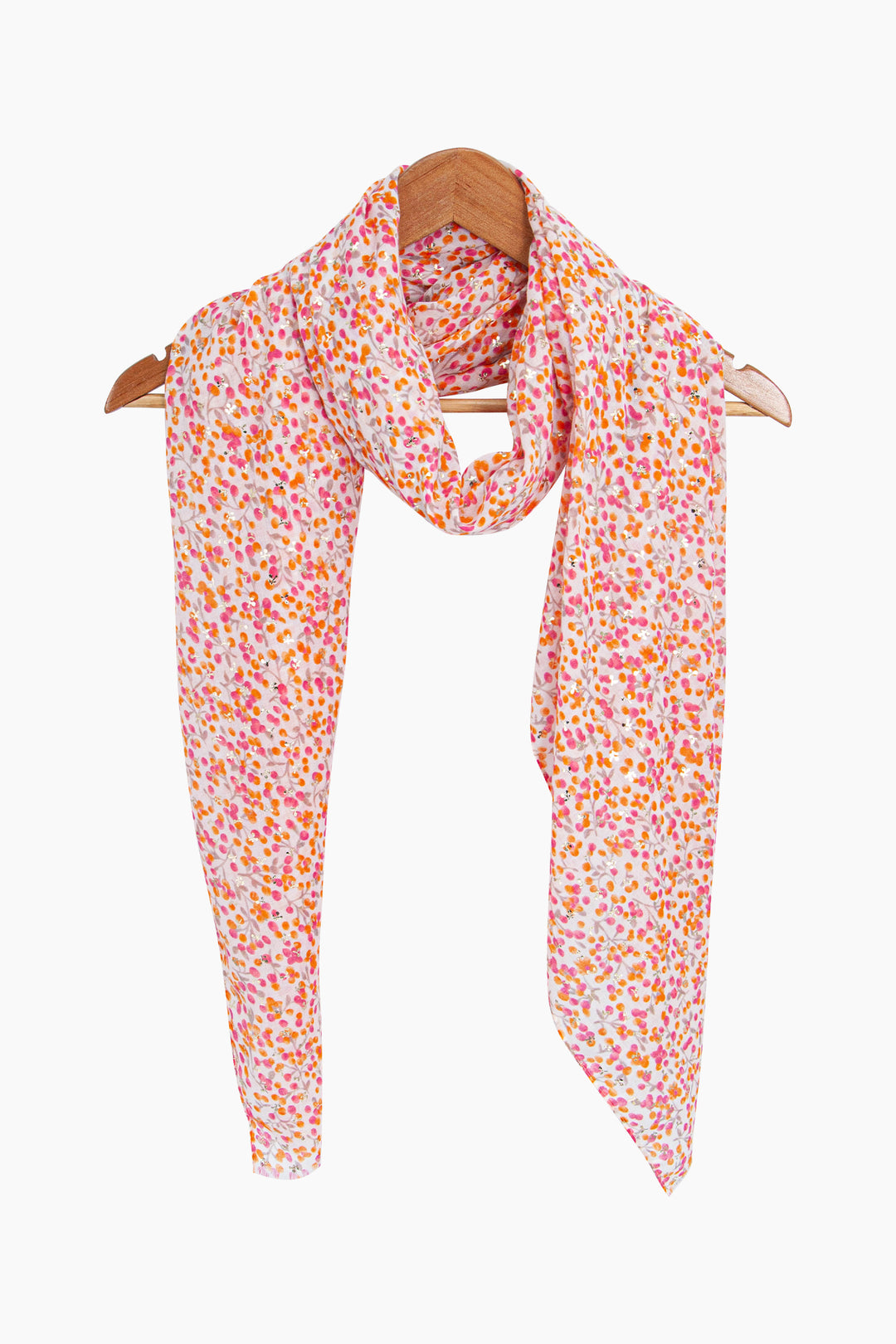Ditsy-Floral-Print-Lightweight-Scarf-in-Orange-Draped