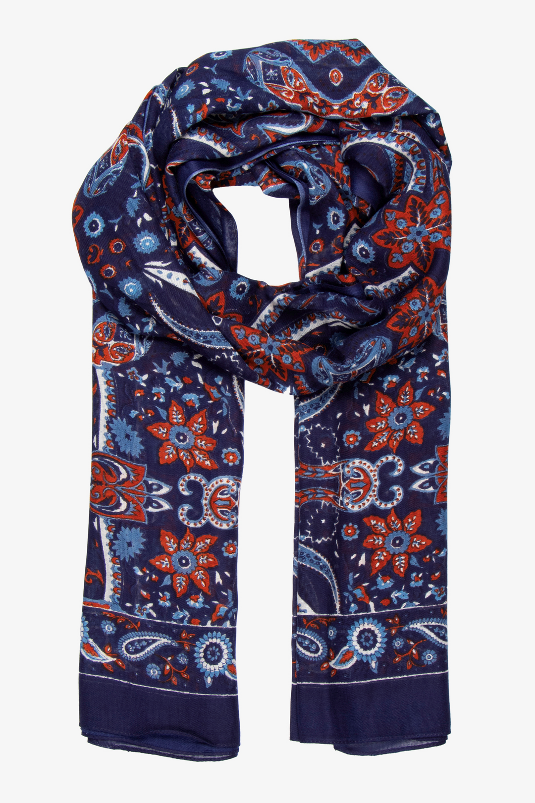 navy blue scarf with a vibrant coral orange mosaic style paisley floral print pattern all over, the scarf has a plain navy blue bordered edge